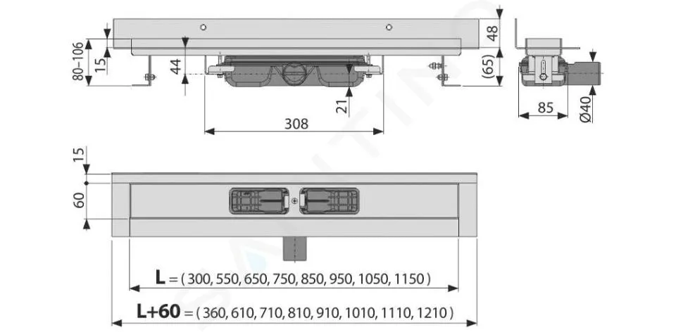 Alcadrain Canaletas de desagüe - Plato de ducha Wall Low 65 cm, con borde para rejilla completo y collar fijo a pared, acero ino