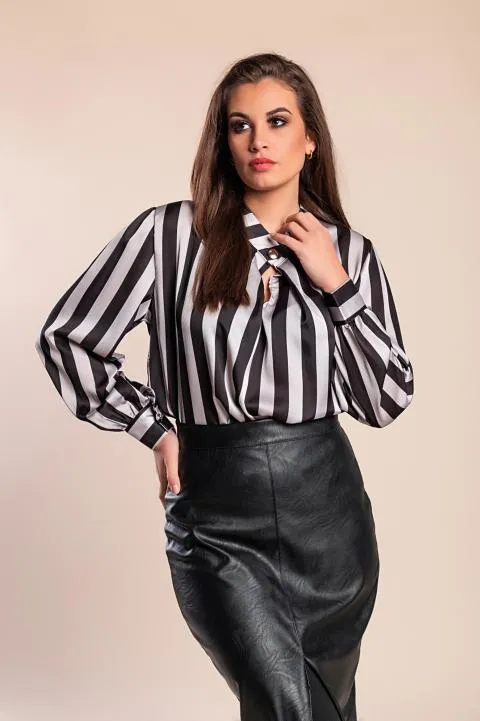 Blusa elegante con estampado de rayas, gris/negro