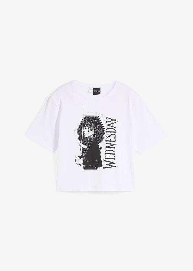 Camiseta Wednesday para niñas de algodón orgánico Blanco-negro