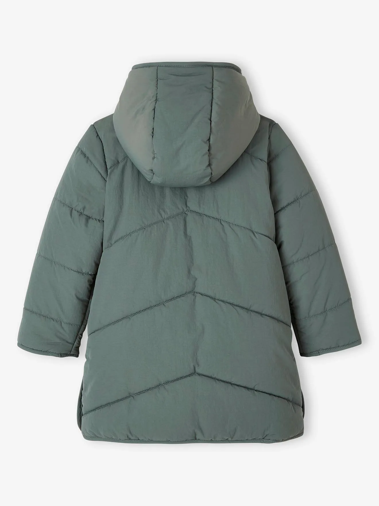 Chaqueta acolchada larga y ligera con capucha brillante para niña