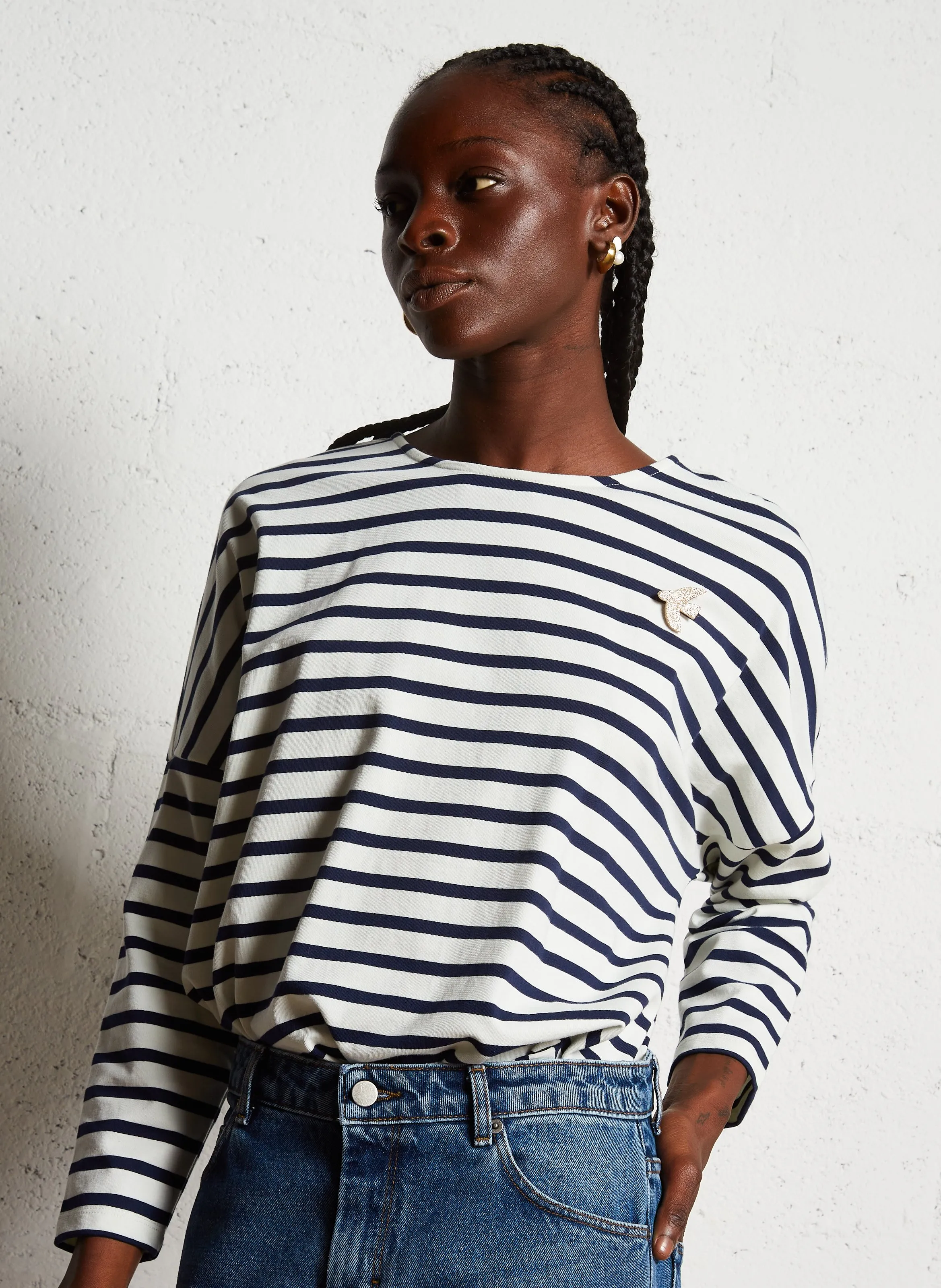 DES PETITS HAUTS FILLY - Camiseta de manga larga de algodón a rayas en azul