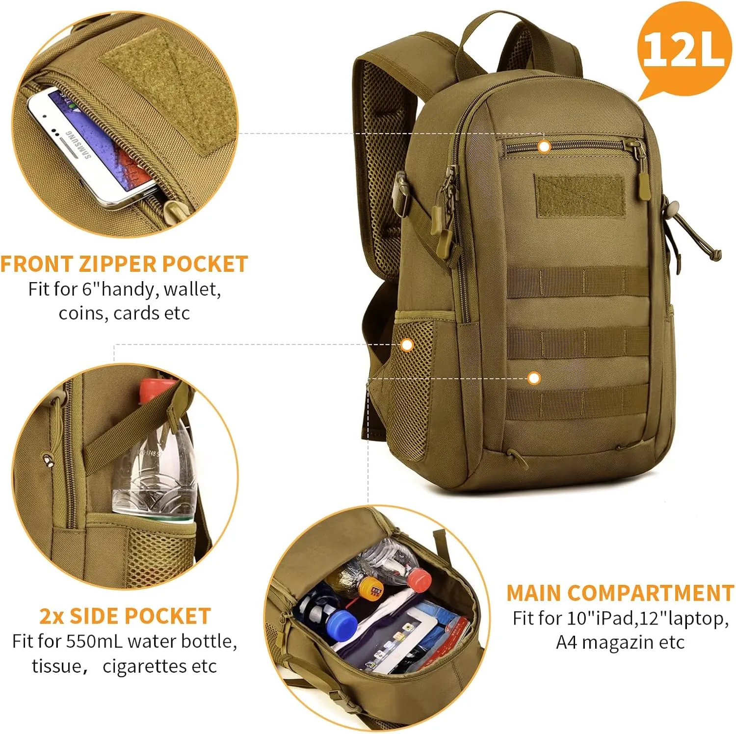 HUNTVP 12L/15L/20L/30L Mini Mochila de Asalto Mochila Militar Mochila Táctica Molle Escolar Bolsa Bandolera para Niños Hombre Mu