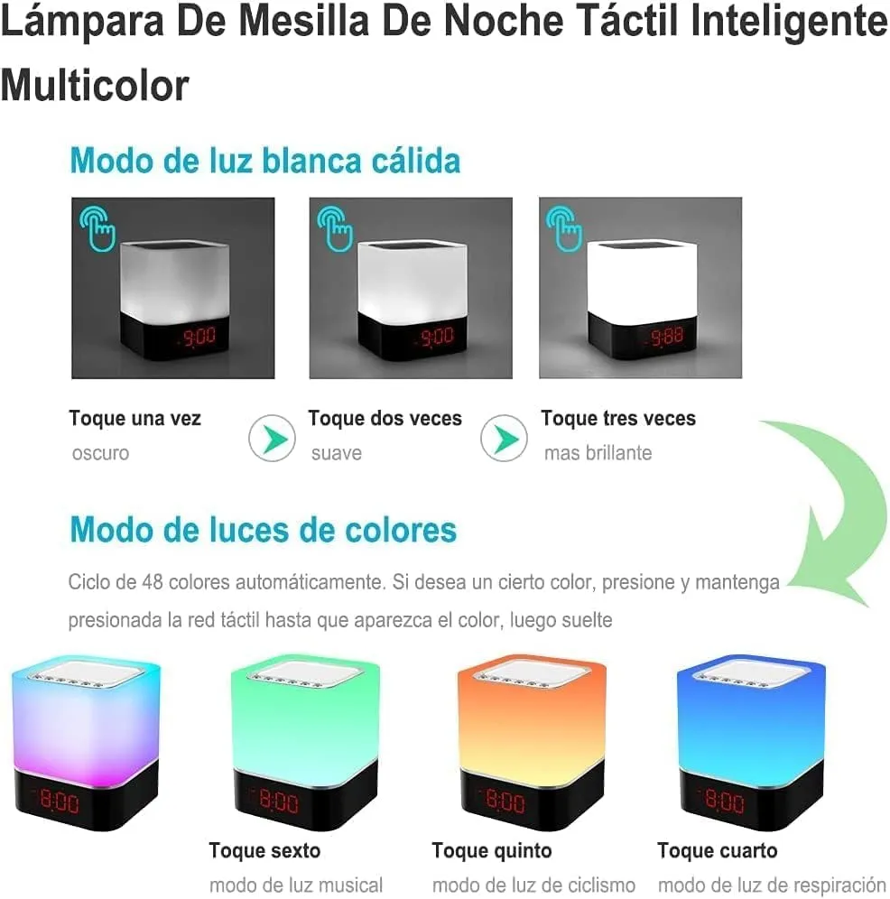 Kihhvlo Luces nocturnas Altavoz Bluetooth,Lámpara de Noche Smart Touch, Reloj Despertador Digital, Luz de Noche Multicolor RGB R