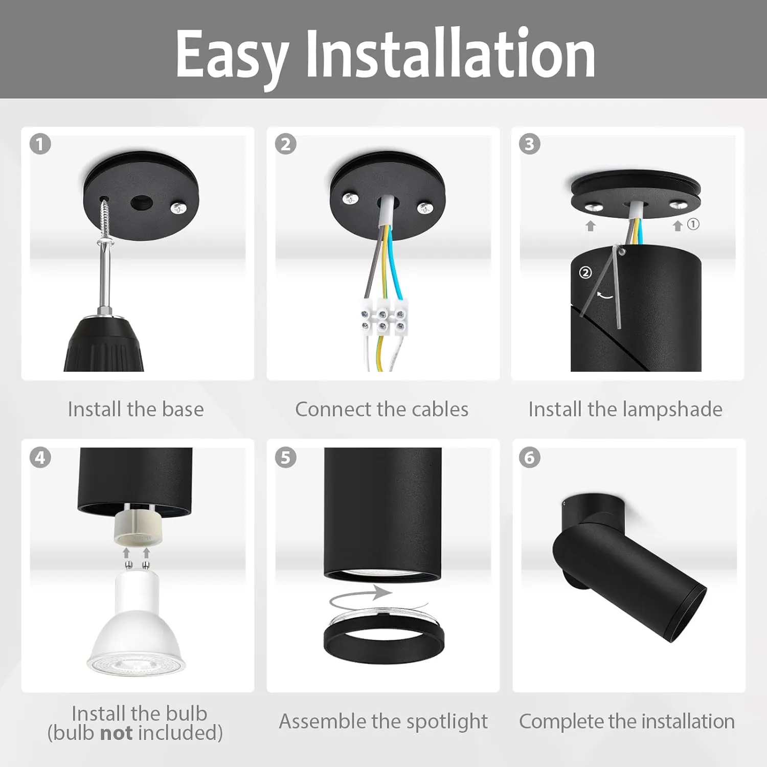 KYOTECH Plafón con Focos Negro giratorio 355°，Focos Superficie Luz de Techo Redondo Focos Lámpara de Techo LED Iluminación de In