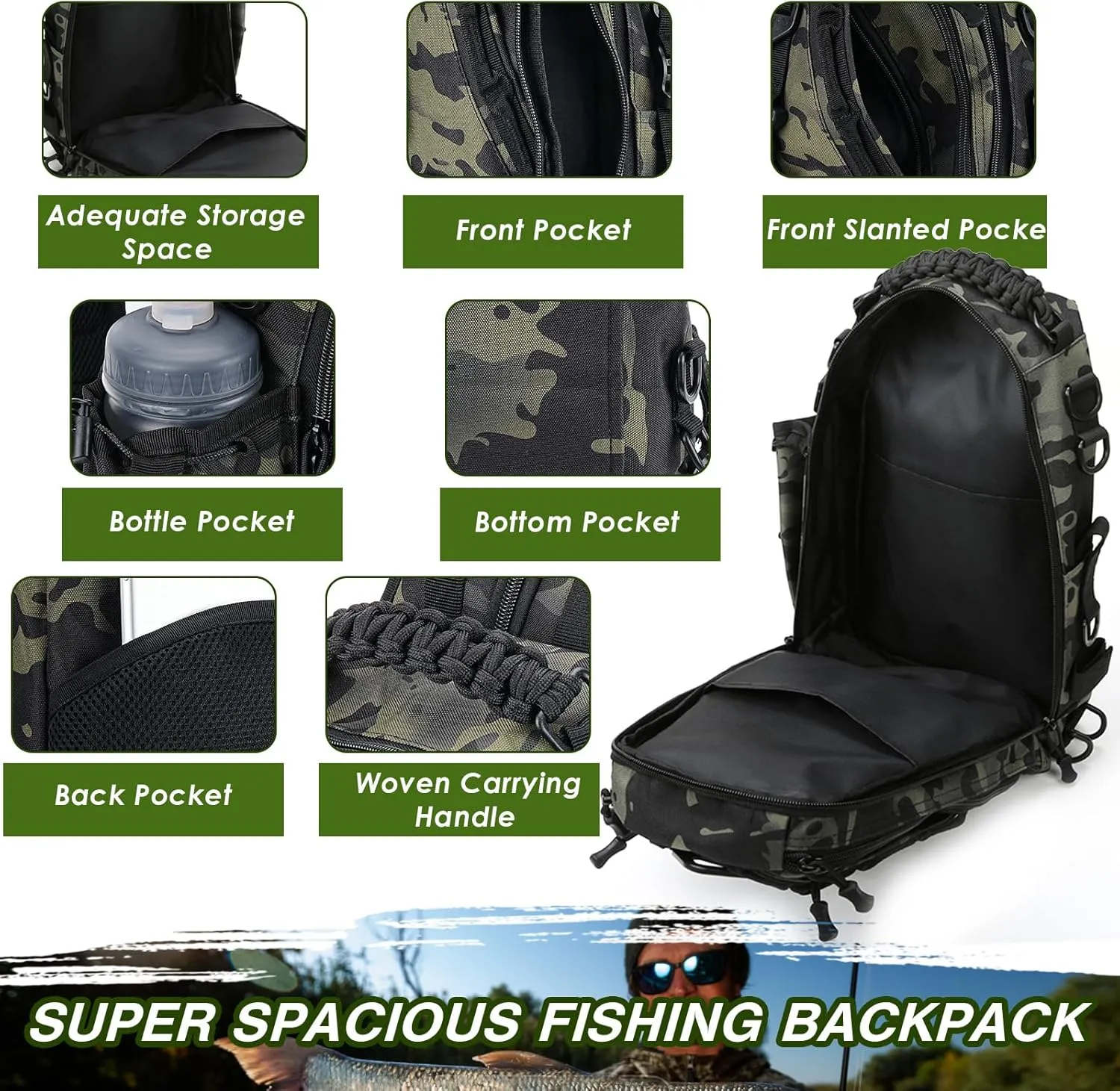 LYtech Mochila de Pesca con Soporte para Caña  Bolsa de Aparejos de Pesca Impermeable al Aire Libre Sling Bolsa de Equipo de Pes