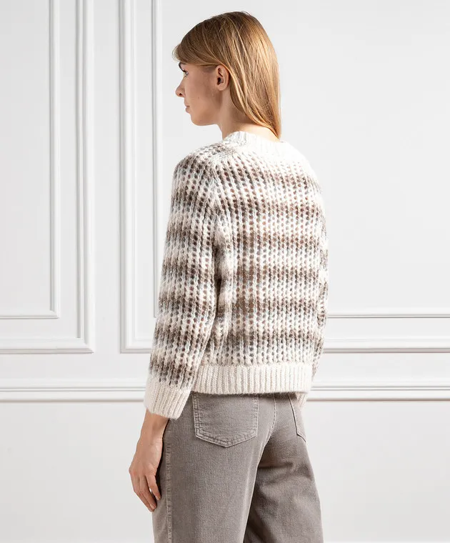 Peserico Beige openwork sweater in a stripe with sequins