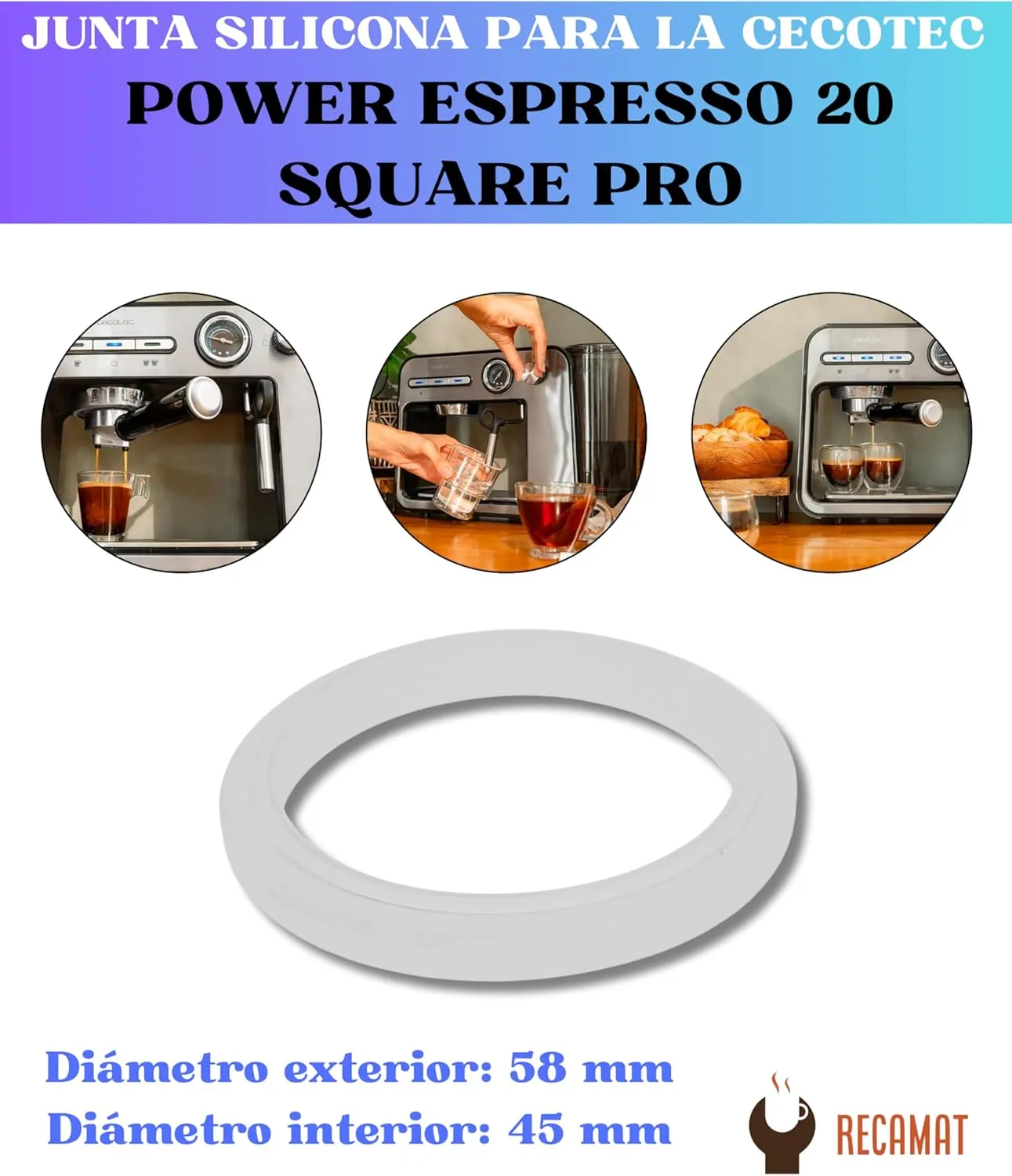 RECAMAT. Junta portafiltro recambio cafetera Cecotec Power Espresso 20 Square Pro. Repuesto de silicona Duradero y Resistente al