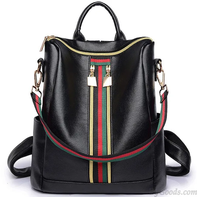 Unique Multifunction Handbag Shoulder Bag Green Red Stripe Double Zipper Girl's PU School Backpack