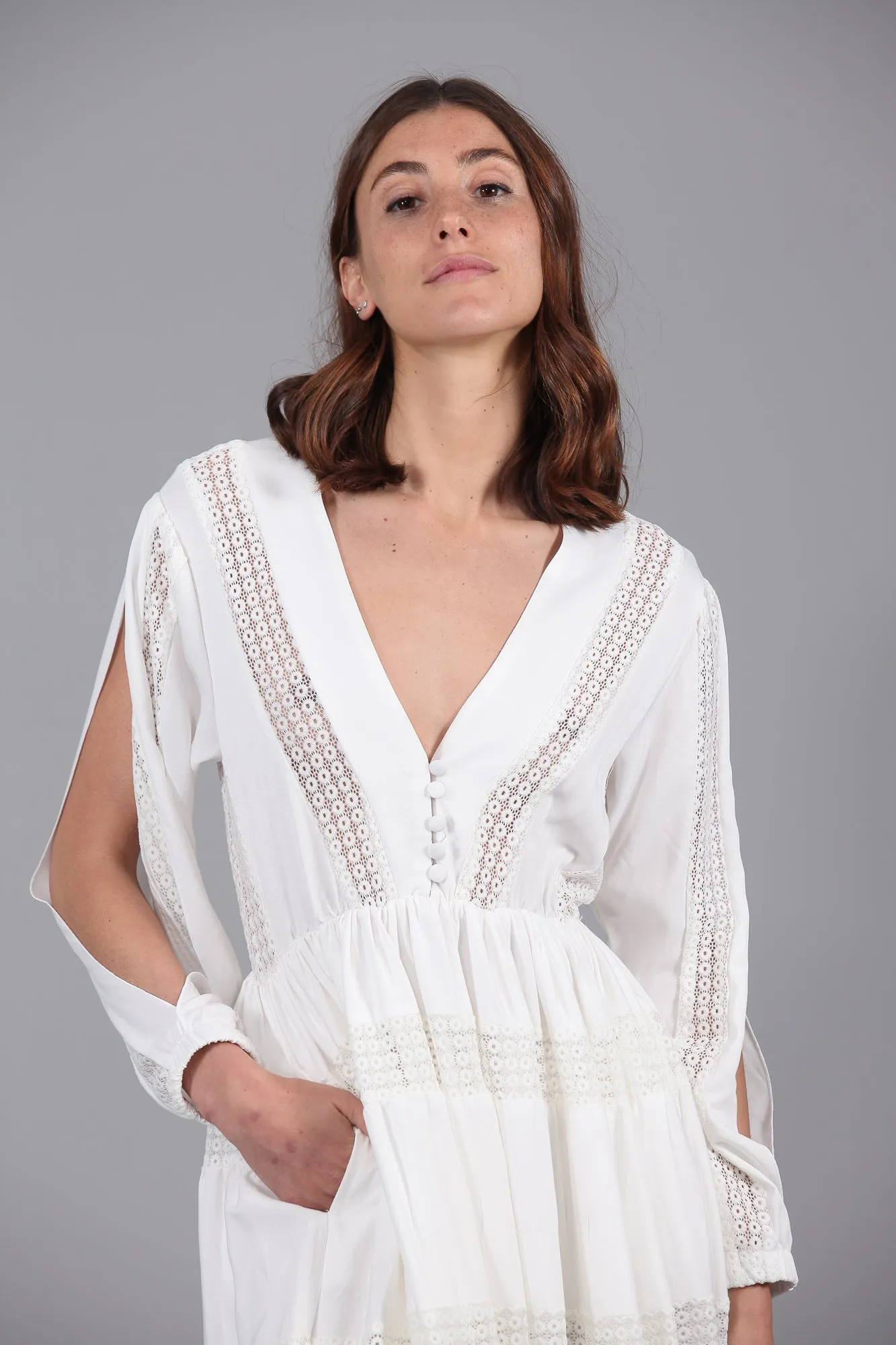 Vestido largo Boho combinado encaje · CRUDO ·