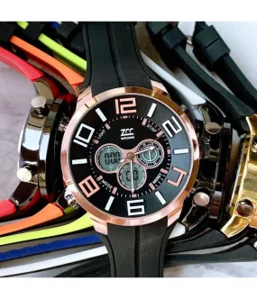 ZCC RELOJ DE PULSERA PARA HOMBRE DUAL TIME ANALÓGICO DIGITAL ALARMA SPORT ORO ROSA NEGRO
