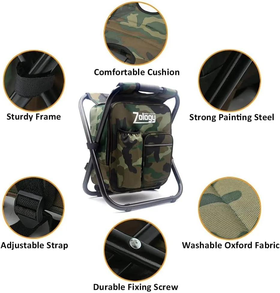 Zology Silla Plegable Acampa Taburete Mochila con Refrigerador Bolsa de Picnic  Camuflaje Portátil Senderismo Bolsa de Tabla de 